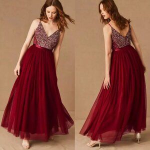BHLDN Avery Sequin Tulle Bridesmaid Formal Prom Dress in Bordeaux Burgundy Red